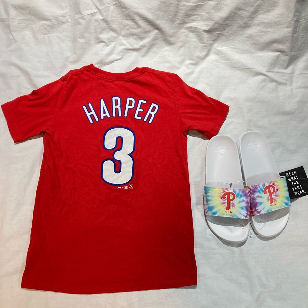 Philadelphia Phillies Sandals Men’s size 9-10 + Bryce Harper Jersey Shirt YL